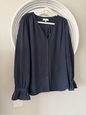 La Redoute Collections Navy Blue V-Neck Ruffle Cuff Blouse - FR40-US 8 fr France